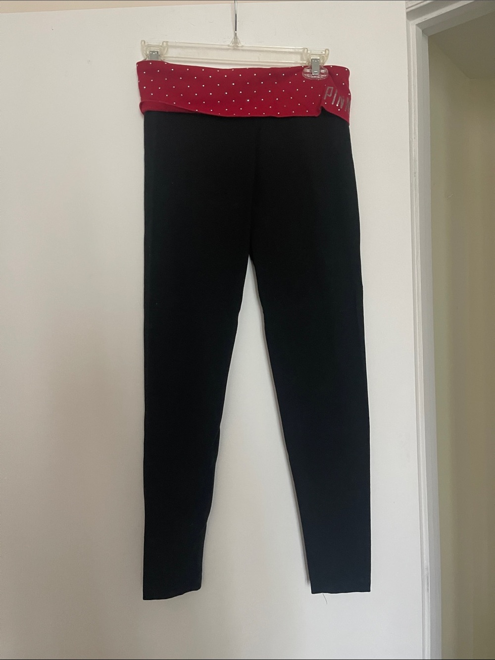 PINK Victoria's Secret Black Leggings with Red studs Fold-Over Waistband